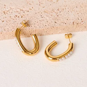 Orecchini a U in acciaio inossidabile placcato oro 18K con perle su base in pietra naturale