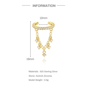 Vista macro dell'ear cuff in argento S925 con frange in zircone e misure 10x19mm