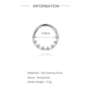 Detailed specs of s925 silver nose ring with moissanite, showing 0.8cm inner diameter