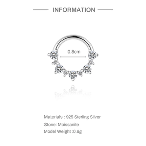 Detail of S925 sterling silver hoop with moissanite stones and 8mm inner diameter size