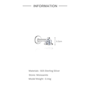 Close-up of S925 sterling silver moissanite stud with flat back design and dimensions