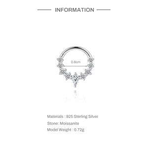 Detail showing 925 sterling silver moissanite cartilage hoop with 0.8cm inner diameter