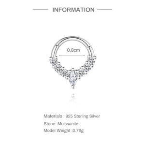 Close-up of S925 sterling silver V-shaped huggie earring with marquise moissanite stones