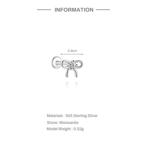 Macro detail of S925 sterling silver bow cartilage stud earring with moissanite stone