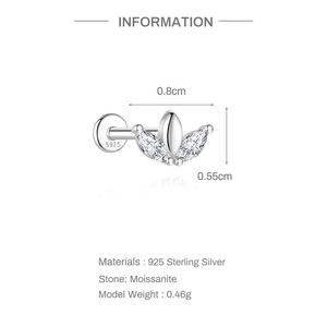 Detailed view of S925 sterling silver ear stud with marquise-cut moissanite and dimensions