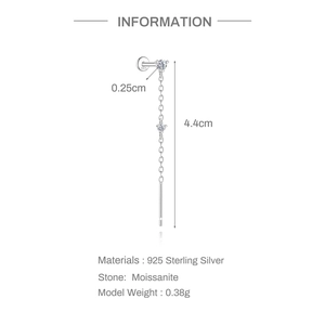 Macro view of S925 silver earring featuring 4.4cm chain tassel and round moissanite