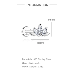 Detailed view of S925 sterling silver ear stud with marquise moissanite leaf design