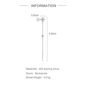 Moissanite 925 silver tassel earring specs showing 4.6cm length and 0.5cm width