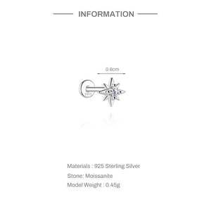 Detail of 925 sterling silver moissanite cartilage stud with octagonal star design