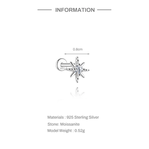 Close-up of S925 sterling silver star stud earring with moissanite and size details