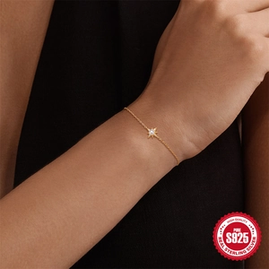 Bracelet en argent sterling 925 doré avec étoile octogonale et perle au poignet
