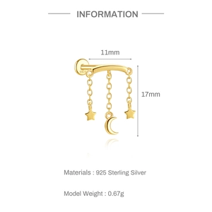 Detaillierte Maße des 925 Sterling Silber Stern-Mond-Piercing-Ohrsteckers