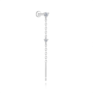 Close-up of S925 sterling silver tassel cartilage stud with sparkling moissanite stones