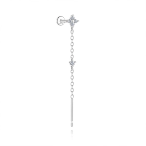 Detail showing the S925 silver hallmark and tassel chain with heart diamond stud earrings