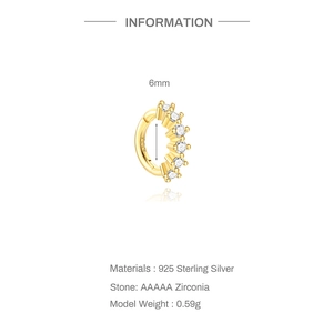 Detailed 6mm 925 silver gold-plated hoop earring featuring six AAAAA white zircons