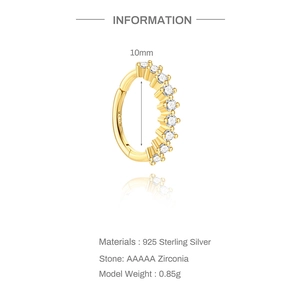Detail view of 10mm golden S925 sterling silver hoop with AAAAA zirconia stones