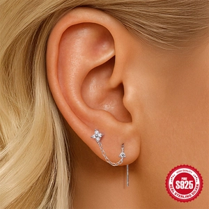 S925 sterling silver four-leaf petal earring with tassel chain and moissanite stones