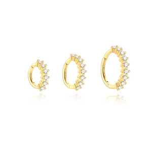 Three sizes of gold-plated S925 sterling silver hoop earrings with clear zircon stones