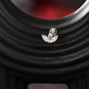 Close-up of S925 sterling silver cartilage stud with three marquise-cut zircon stones