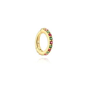 Close-up of gold-plated S925 silver hoop earring with red and green micro-pave gems