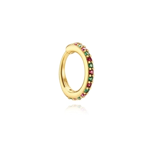 Detail of gold clicker ring featuring pave-set rainbow gemstones with a clear reflection