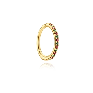 Detailed close-up of golden piercing hoop set with alternating red and green gemstones