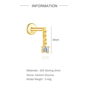 Detail van 9mm S925 zilveren labret-oorbel met AAAAA-zirkonia en fijne box-ketting