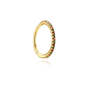 Detail of gold hinged hoop earring featuring rows of red and green zircon gemstones