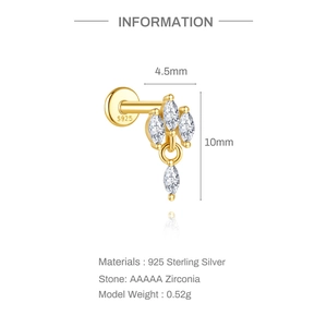 Detail van s925 zilveren oorknopje met marquise-geslepen zirkonia bladeren en hanger