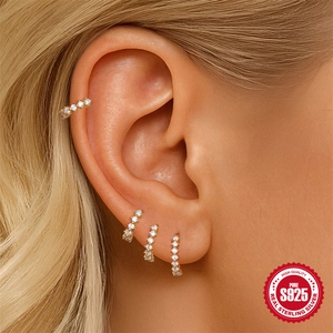 Classic S925 sterling silver gold-plated ear cuff and hoop earrings set with zircon stones