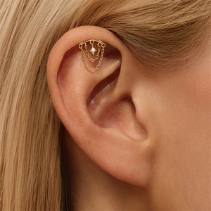 Detail von S925 Silber Gold Mond Stern Ohrstecker mit Doppelkette und Zirkonia Stein