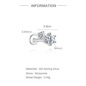 Macro view of S925 silver moissanite stud showing 0.8cm bar length and dual stone sizes
