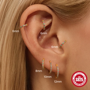 S925 sterling silver gold earrings set with pink and green stones in multiple sizes