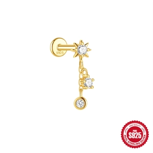 Elegante orecchino a stella in argento S925 dorato con zircone pendente e chiusura a vite