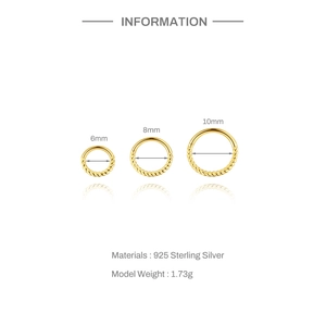 Three sizes of 925 sterling silver gold twisted hoop rings in 6mm, 8mm, and 10mm options