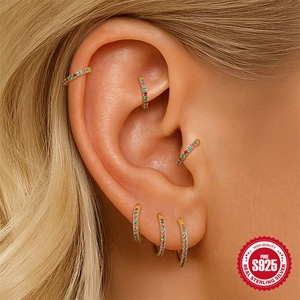 S925 sterling silver gold hoop earrings set with colorful pink and green gemstones