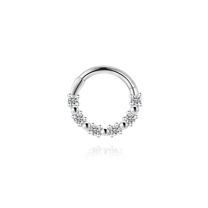 Close-up of S925 silver piercing hoop ring with six sparkling moissanite stones