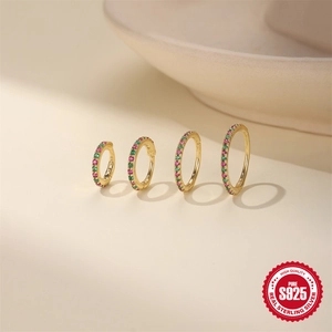 Set of four S925 sterling silver gold plated hoop earrings with pink and green zircon stones