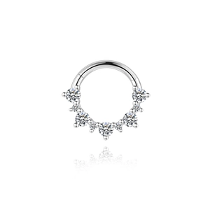 Close-up of S925 sterling silver ear hoop with 7 graduated sparkling cubic zirconias