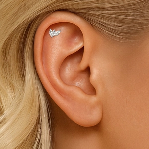 Detail showing marquise-cut marquise stones on S925 silver piercing stud worn on ear