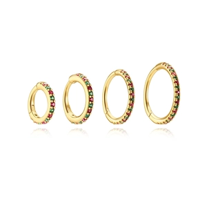 S925 sterling silver gold huggie earrings set with colorful red and green zircons