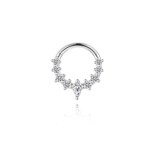 Detail of S925 sterling silver ear hoop with a pear-shaped moissanite and clear gemstones