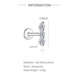 Detailed view of S925 sterling silver ear studs with three 2mm moissanite stones