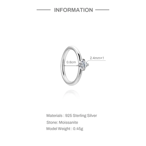 Detail view of 925 sterling silver hoop earring with a 2.4mm moissanite stone