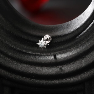 Macro shot of S925 sterling silver star stud with white zircon and threaded back