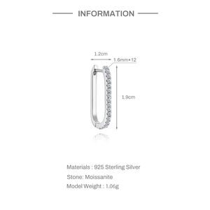 Detailed diagram of silver U-shaped hoop earrings with dimensions and moissanite specs