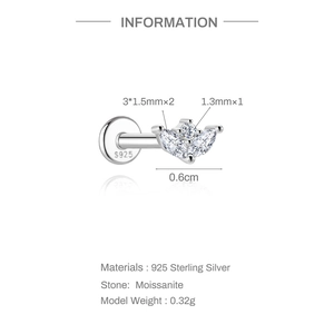 Detail view of 925 sterling silver cartilage earring with moissanite crown design