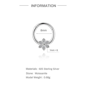 Detail of 925 sterling silver flower earring with 8mm inner diameter and moissanite stones