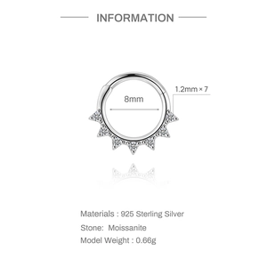 Detail view of 925 sterling silver moissanite hoop with 8mm inner diameter and dimensions