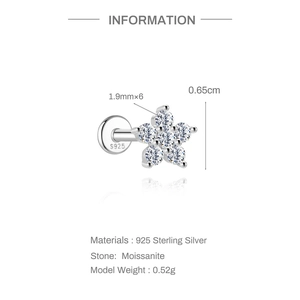 Detail of 925 sterling silver five-petal flower labret with 1.9mm moissanite stones